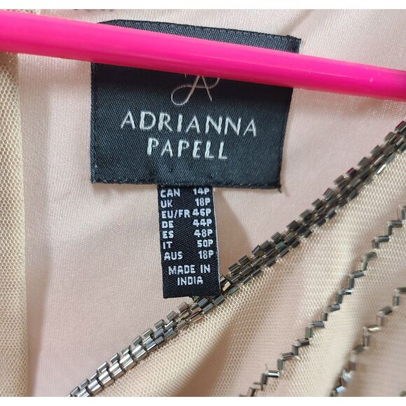 Adrianna Papell Peach Nude Sequin Beaded Art Deco Godet Hem Maxi Dress Gown 14P - Picture 3 of 9